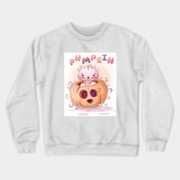 Funny cat Halloween -  New Year - Pumpkin - Kitty Crewneck Sweatshirt by  El-Aal